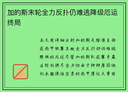 加的斯末轮全力反扑仍难逃降级厄运终局