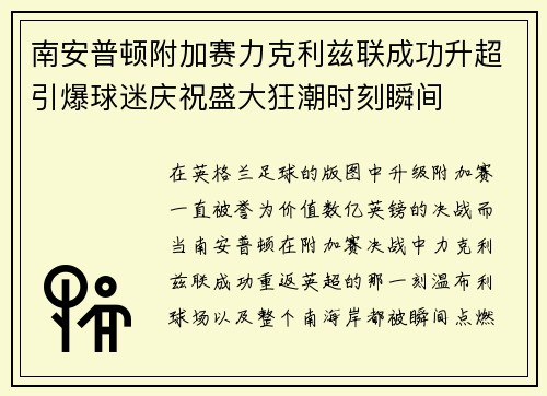 南安普顿附加赛力克利兹联成功升超引爆球迷庆祝盛大狂潮时刻瞬间