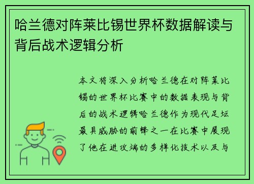 哈兰德对阵莱比锡世界杯数据解读与背后战术逻辑分析