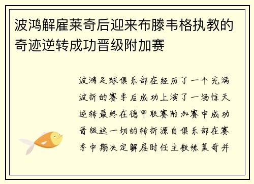 波鸿解雇莱奇后迎来布滕韦格执教的奇迹逆转成功晋级附加赛